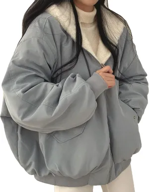 Womens Fleece Lined Jacket Reversible Zip Up Fuzzy Faux Fur Hoodie Oversized Warm Sweatshirt