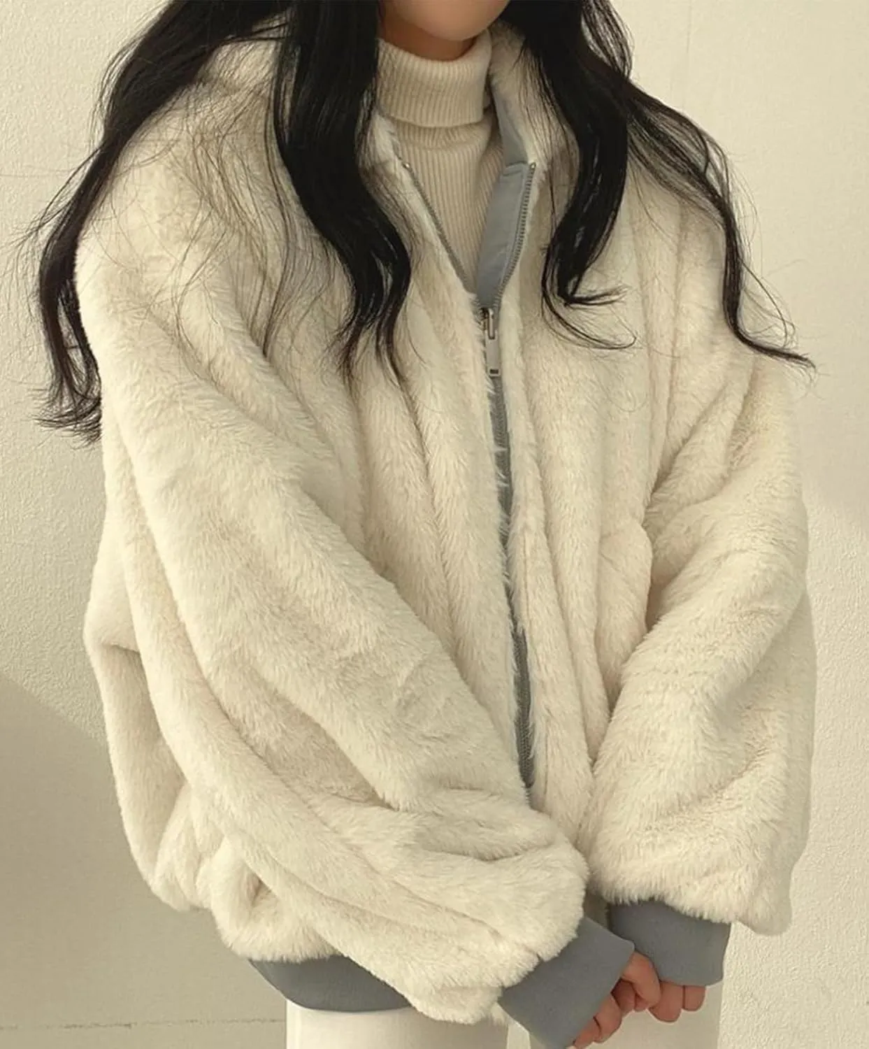 Womens Fleece Lined Jacket Reversible Zip Up Fuzzy Faux Fur Hoodie Oversized Warm Sweatshirt