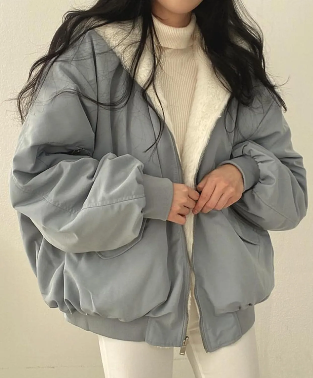 Womens Fleece Lined Jacket Reversible Zip Up Fuzzy Faux Fur Hoodie Oversized Warm Sweatshirt