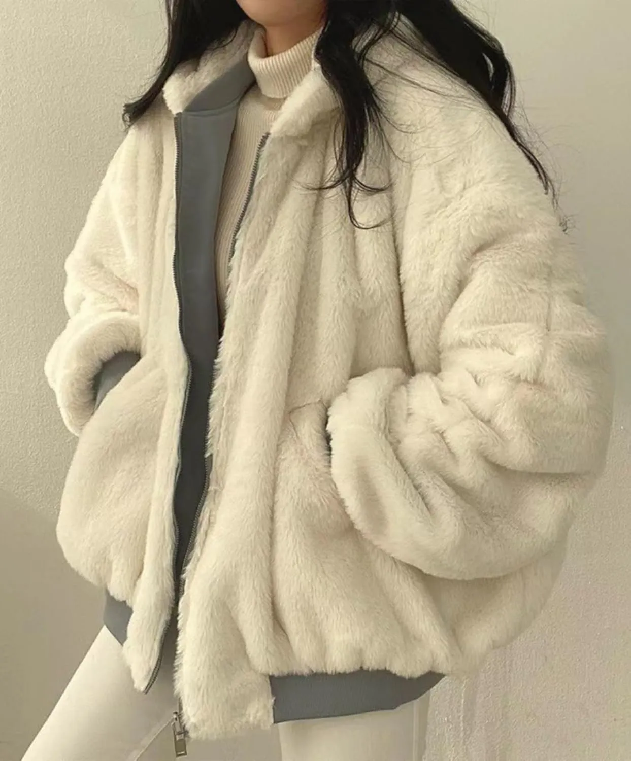 Womens Fleece Lined Jacket Reversible Zip Up Fuzzy Faux Fur Hoodie Oversized Warm Sweatshirt