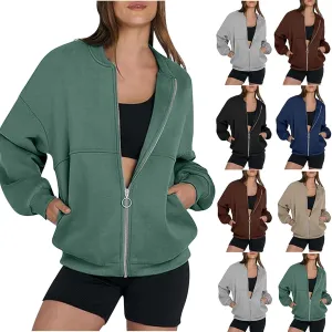 Womens Full Zip Up Sweatshirt Jackets Trendy 2024 Casual Long Sleeve Lightweight Sweatshirts Teen Girls Preppy Clothes