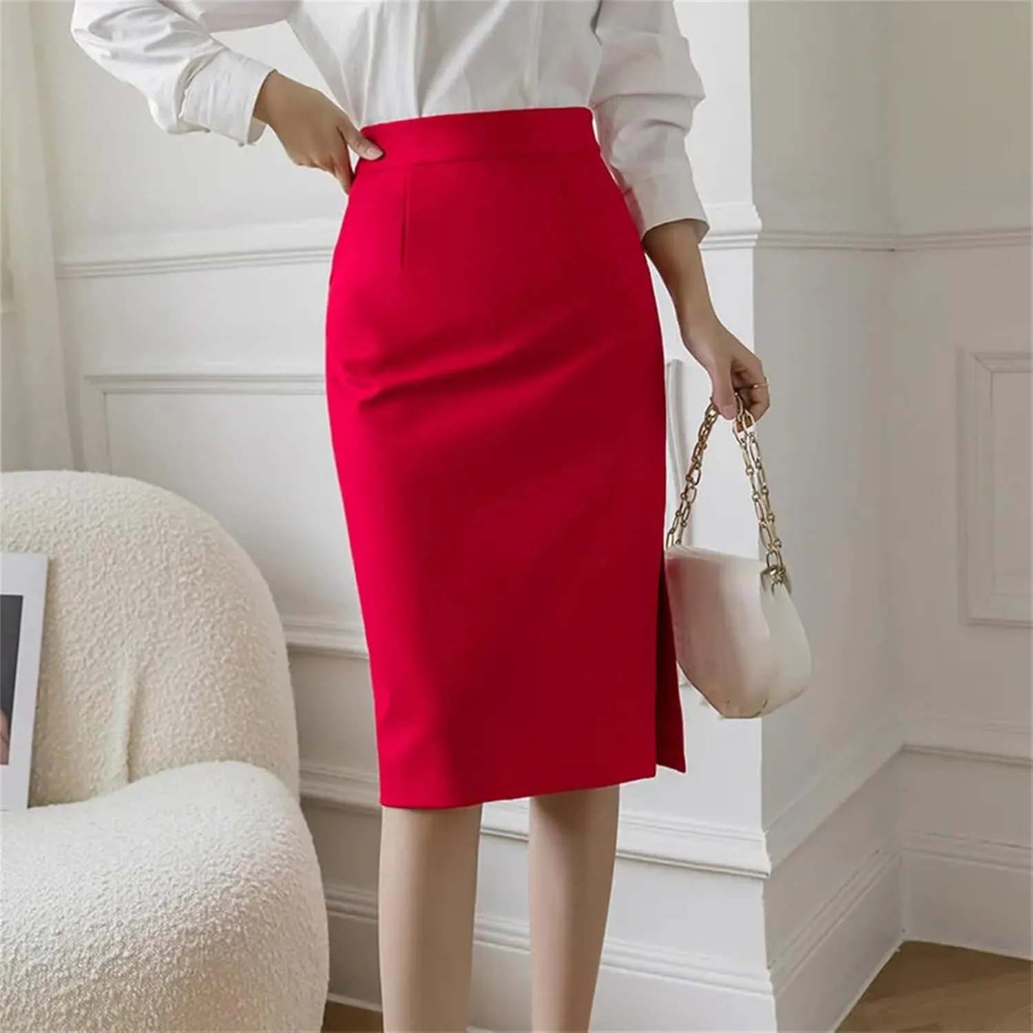 Women's High-Waisted Pencil Skirt  Solid Color Summer Knee-Length Sexy Skirt with Pockets Casual Clothing for Women