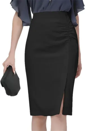 Women's Knee-Length Pencil Skirt  Lightly Shirred Elegant Office Bottoms with Side Slit Back Zip Skirt for Ladies