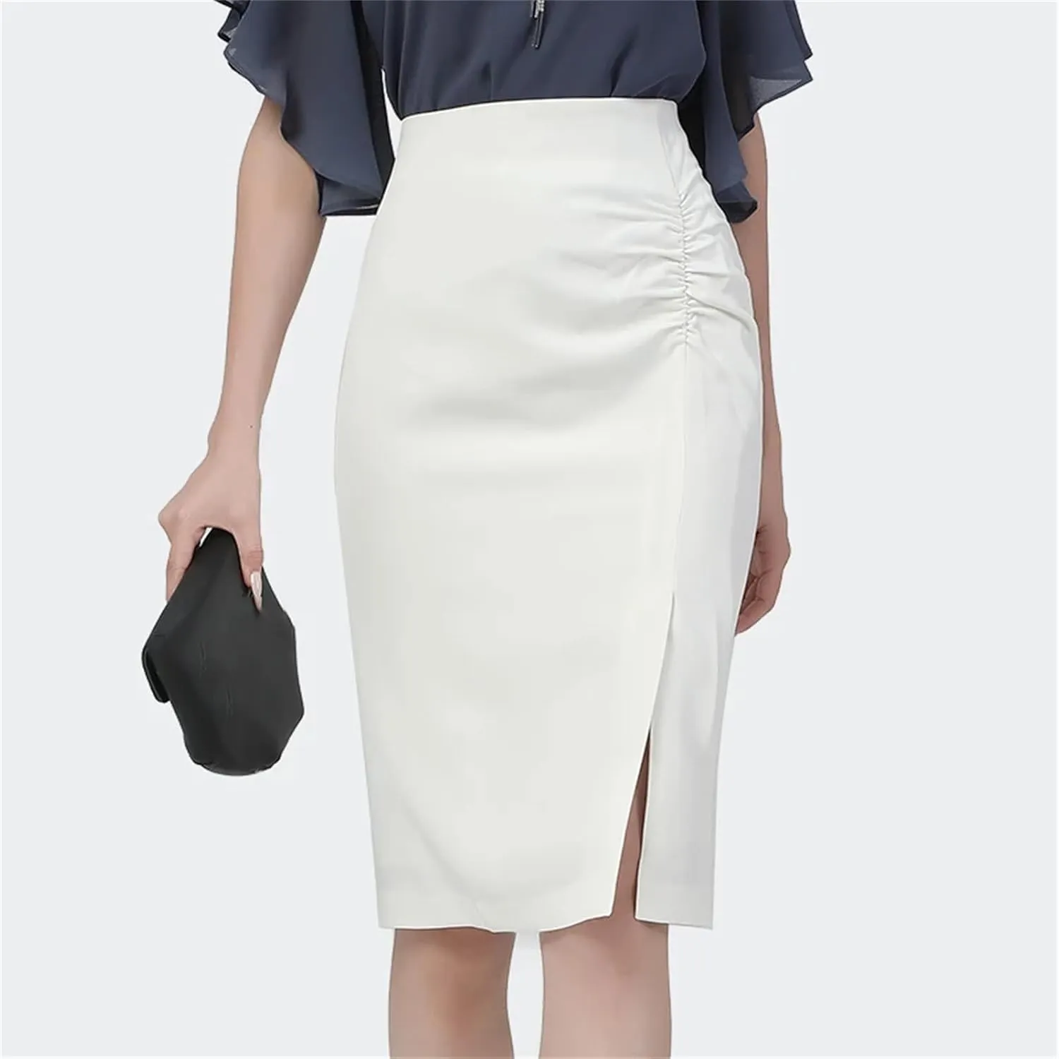 Women's Knee-Length Pencil Skirt  Lightly Shirred Elegant Office Bottoms with Side Slit Back Zip Skirt for Ladies