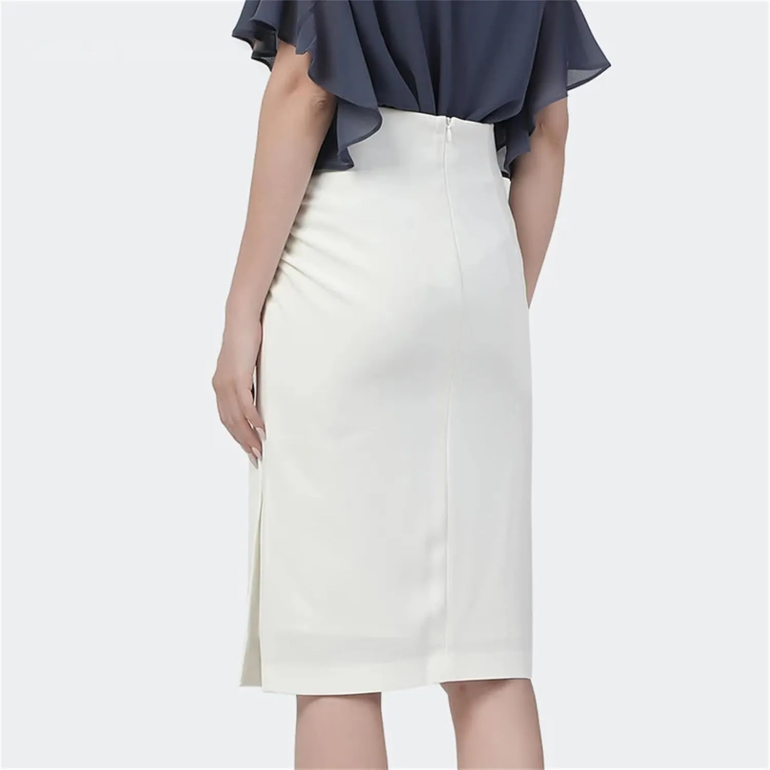 Women's Knee-Length Pencil Skirt  Lightly Shirred Elegant Office Bottoms with Side Slit Back Zip Skirt for Ladies