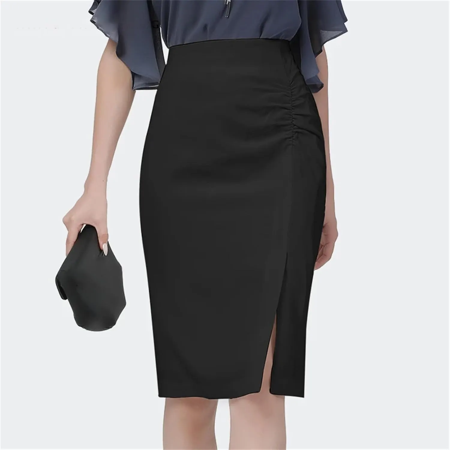 Women's Knee-Length Pencil Skirt  Lightly Shirred Elegant Office Bottoms with Side Slit Back Zip Skirt for Ladies
