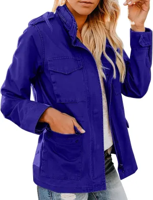 Womens Military Anorak Jacket Lapel Zip Up Snap Button Parka Outdoor Utility Lightweight Fields Outwear with Pockets