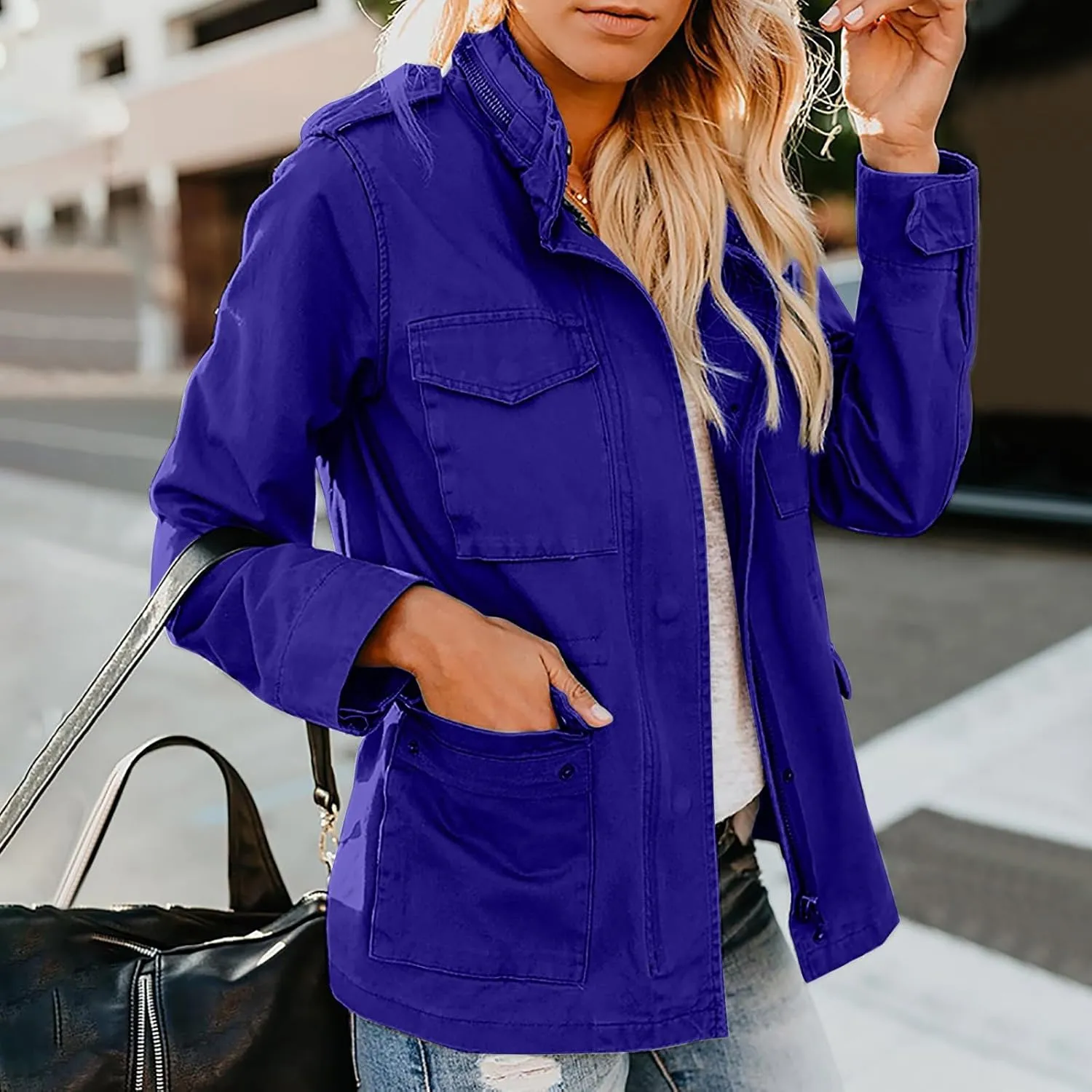 Womens Military Anorak Jacket Lapel Zip Up Snap Button Parka Outdoor Utility Lightweight Fields Outwear with Pockets