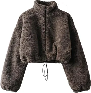Womens Oversized Sweatshirts Zip Up Fluffy Fuzzy Fleece Cropped Sweatshirt Sherpa Jackets