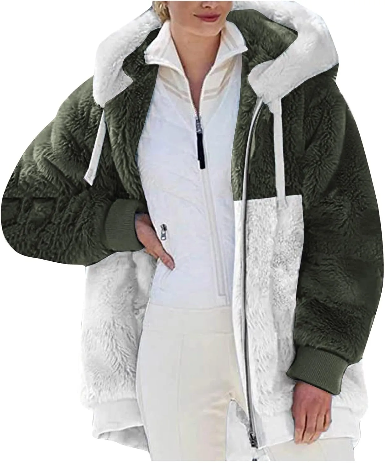 Womens Oversized Zip Up Coat Fuzzy Fleece Sherpa Jacket with Pockets Hoodie Outerwear Fall and Winter