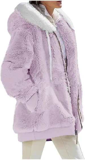 Womens Oversized Zip Up Coat Fuzzy Fleece Sherpa Jacket with Pockets Hoodie Outerwear Fall and Winter