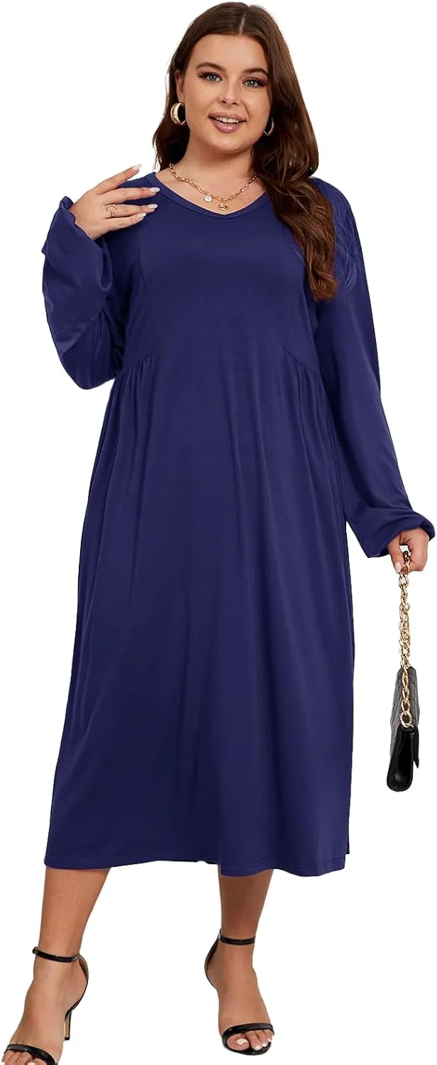 Women's Plus Size V Neck Dress Long Sleeve Casual Swing Loose Empire Waist Midi Dress