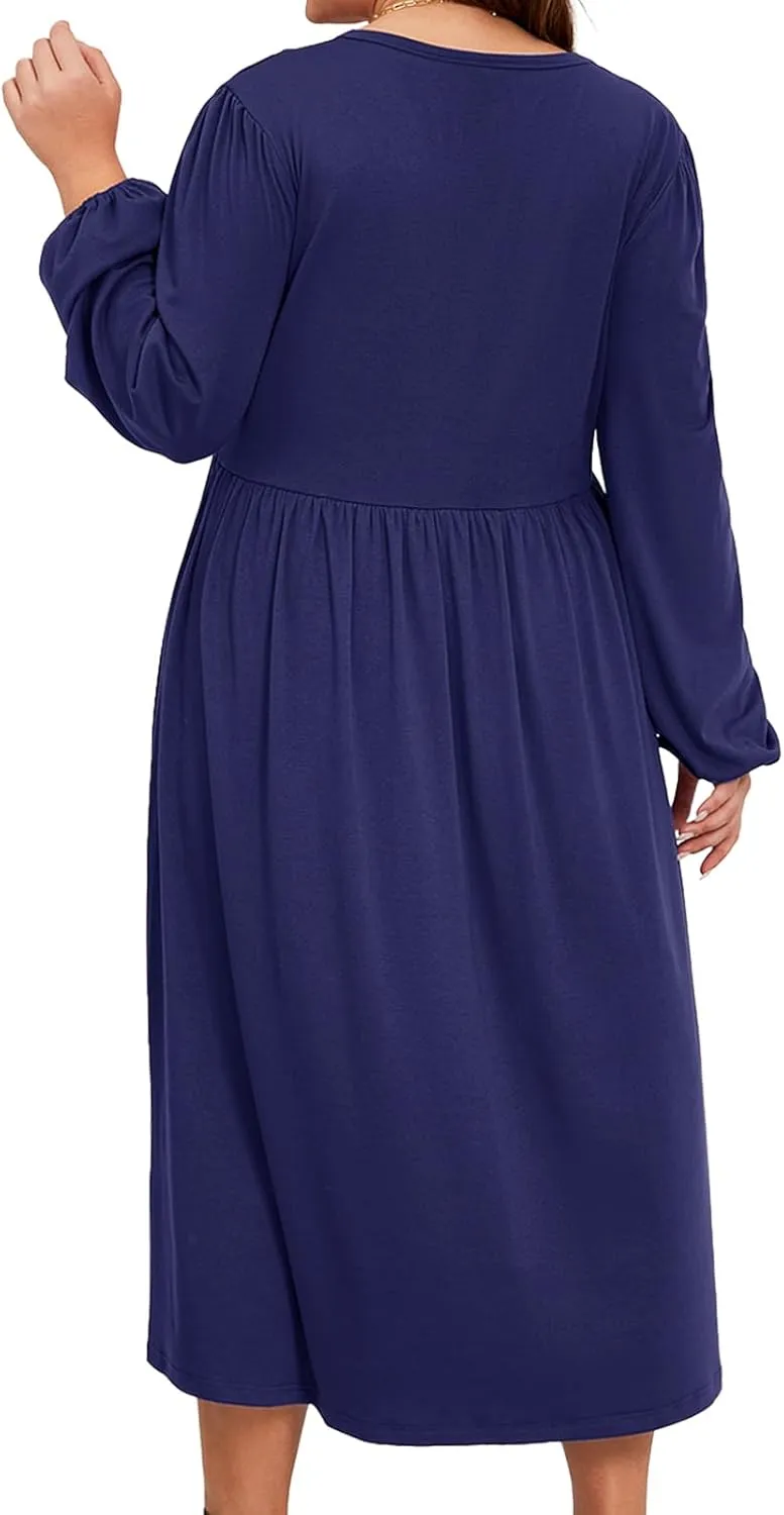 Women's Plus Size V Neck Dress Long Sleeve Casual Swing Loose Empire Waist Midi Dress