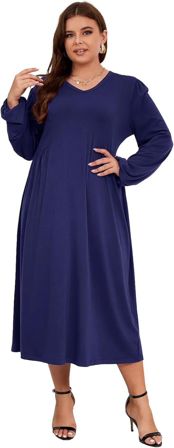 Women's Plus Size V Neck Dress Long Sleeve Casual Swing Loose Empire Waist Midi Dress