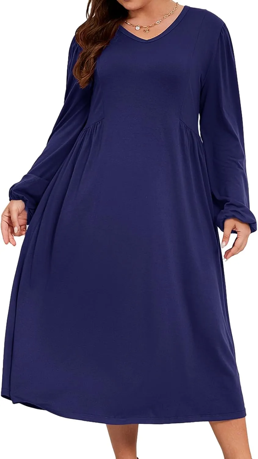 Women's Plus Size V Neck Dress Long Sleeve Casual Swing Loose Empire Waist Midi Dress