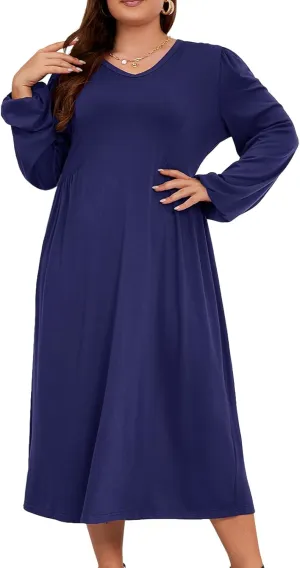 Women's Plus Size V Neck Dress Long Sleeve Casual Swing Loose Empire Waist Midi Dress