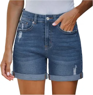 Women's Ripped Denim Shorts High Waisted Casual Stretchy Trendy Summer Y2k Baggy Girls Folded Hem Long Jean Shorts