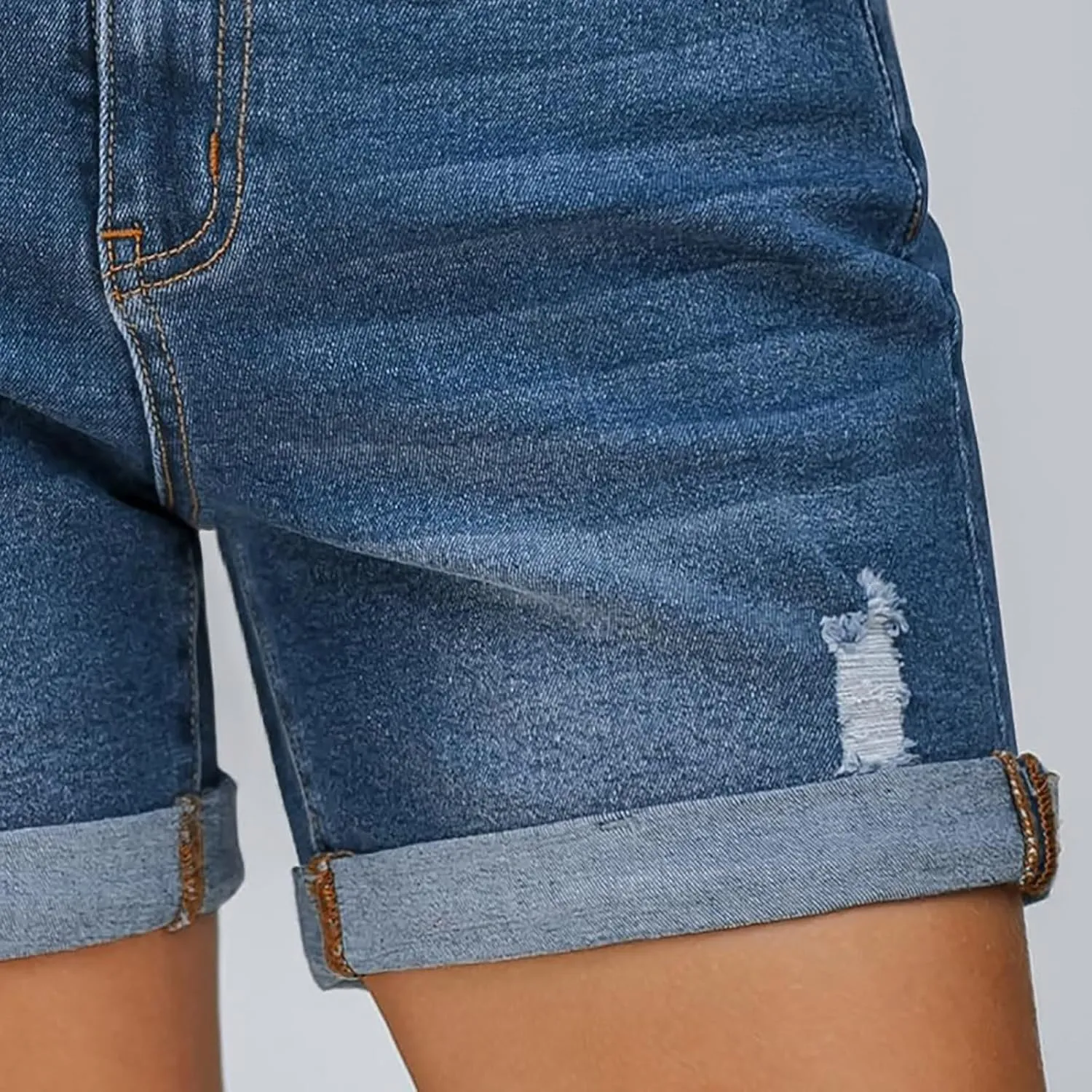 Women's Ripped Denim Shorts High Waisted Casual Stretchy Trendy Summer Y2k Baggy Girls Folded Hem Long Jean Shorts