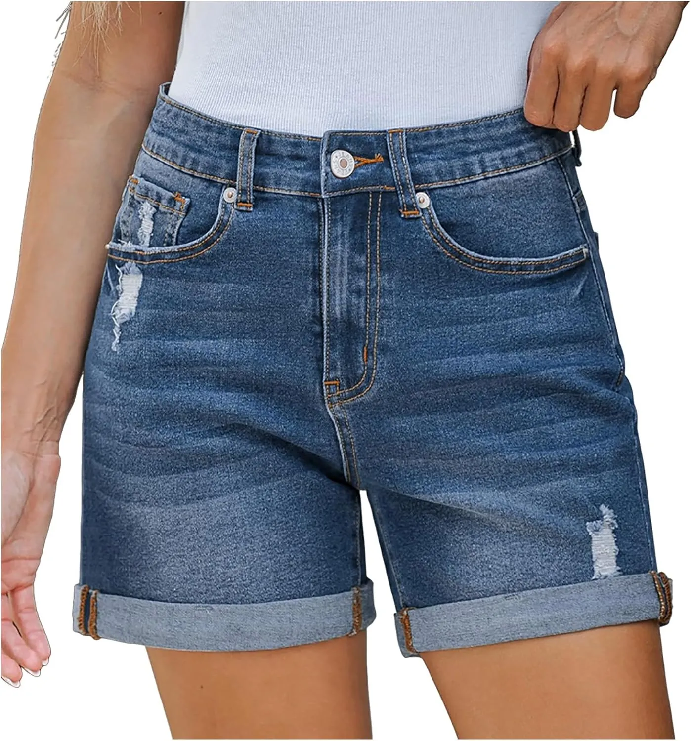 Women's Ripped Denim Shorts High Waisted Casual Stretchy Trendy Summer Y2k Baggy Girls Folded Hem Long Jean Shorts