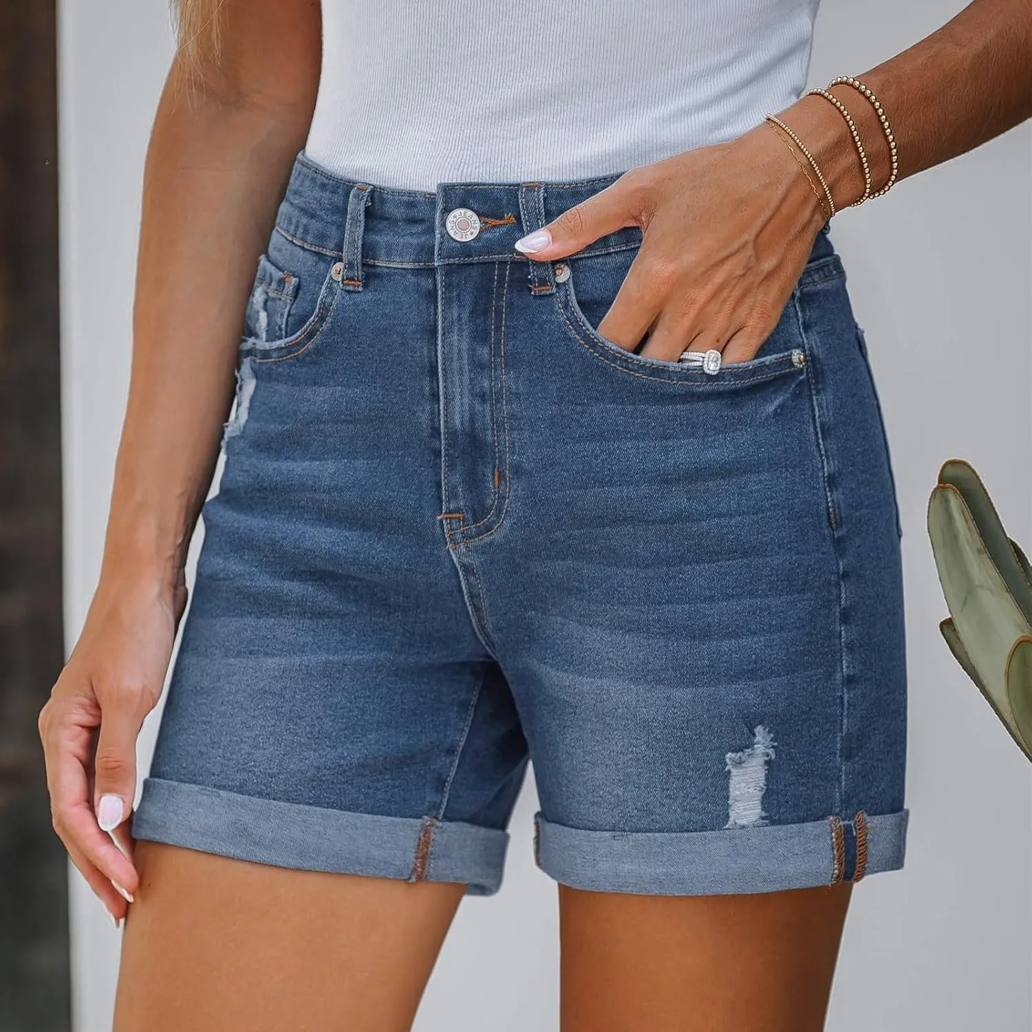 Women's Ripped Denim Shorts High Waisted Casual Stretchy Trendy Summer Y2k Baggy Girls Folded Hem Long Jean Shorts