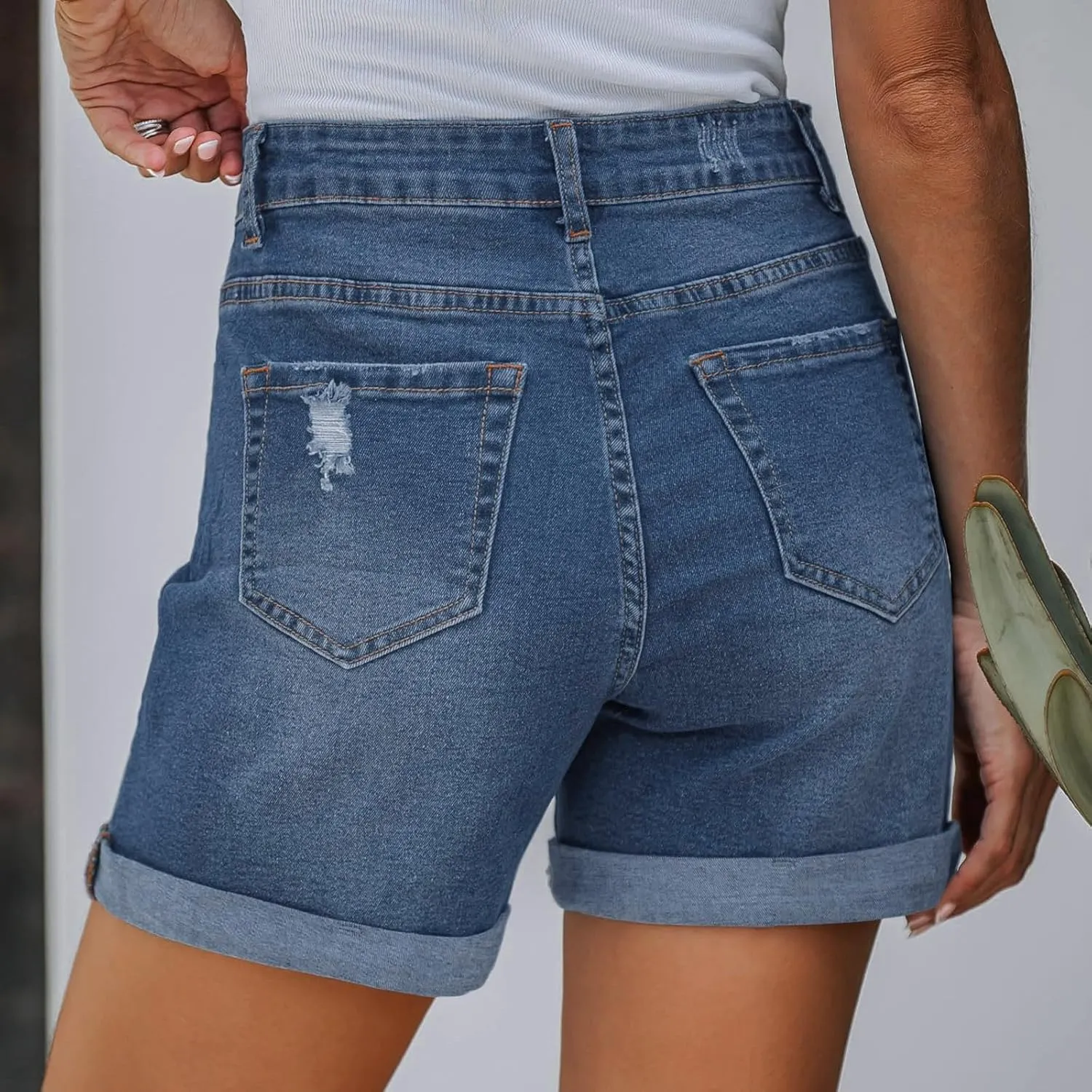 Women's Ripped Denim Shorts High Waisted Casual Stretchy Trendy Summer Y2k Baggy Girls Folded Hem Long Jean Shorts