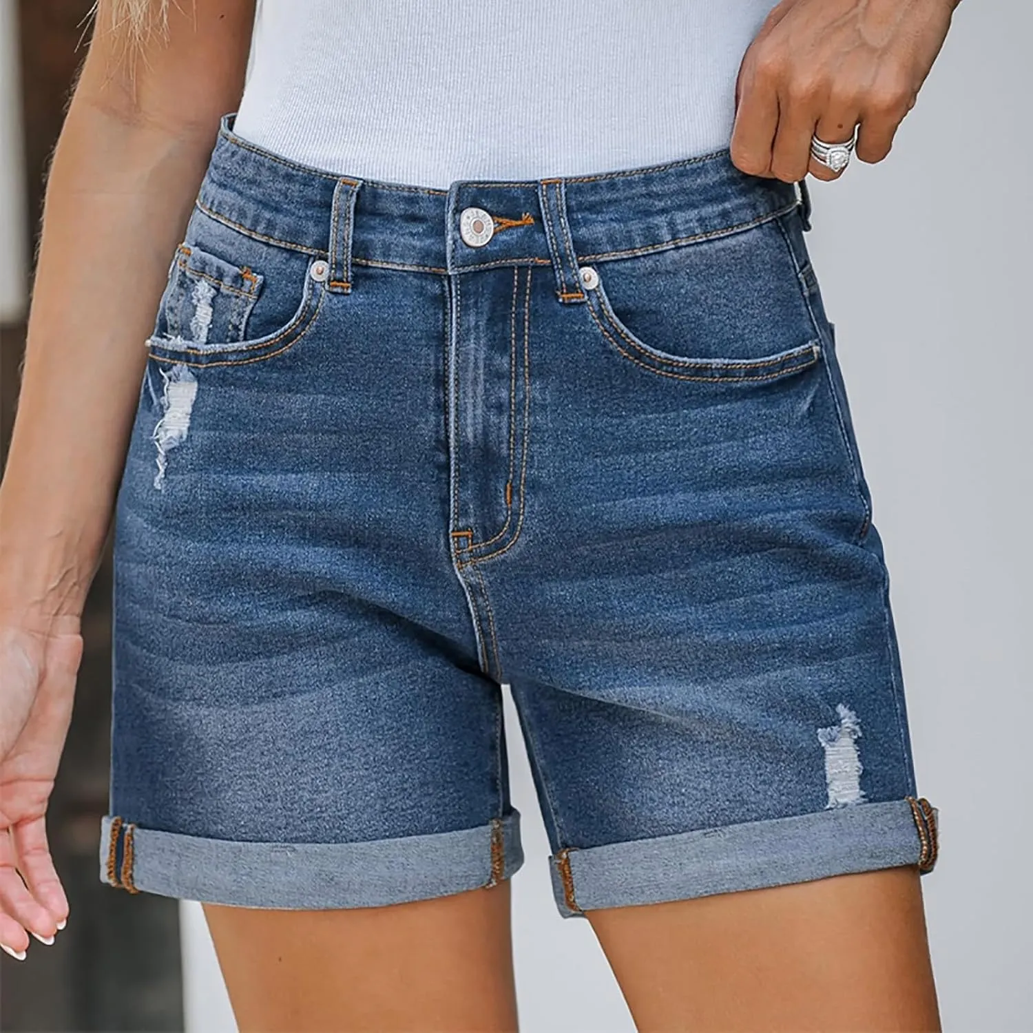 Women's Ripped Denim Shorts High Waisted Casual Stretchy Trendy Summer Y2k Baggy Girls Folded Hem Long Jean Shorts