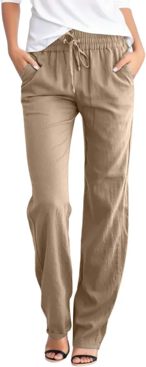 Women's Summer Flowy Linen Palazzo Wide Leg Pants Plus Size High Waist Pant High Slit Trousers with Pockets