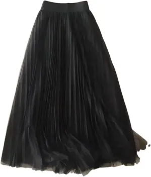 Women's Summer Solid Color Pleated Mesh Skirt - High Waisted Shirring Slim Midi Skirt, Classic Casual Skirts