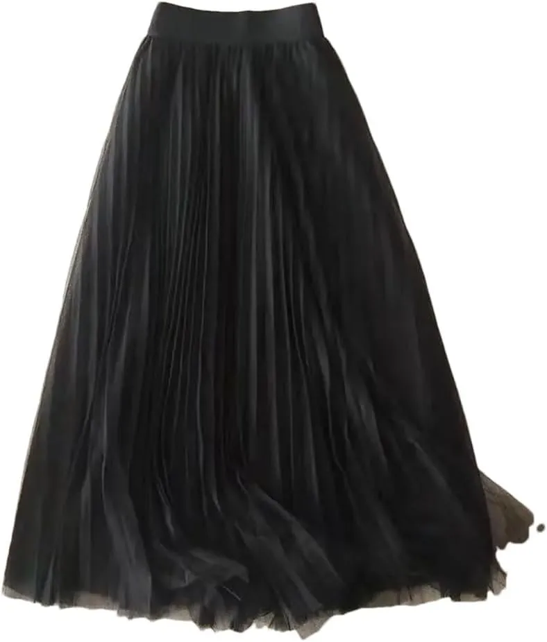 Women's Summer Solid Color Pleated Mesh Skirt - High Waisted Shirring Slim Midi Skirt, Classic Casual Skirts