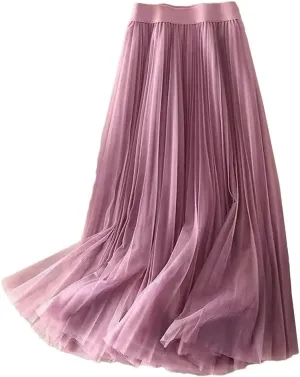 Women's Summer Solid Color Pleated Mesh Skirt - High Waisted Shirring Slim Midi Skirt, Classic Casual Skirts