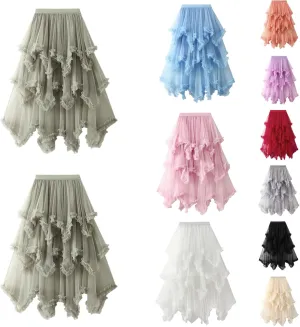 Women's Tulle Skirt,Tutu Skirt,A-Line Mesh Midi Skirtasymmetrical Pleated Elastic High Waist Layered St.