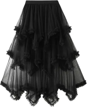 Women's Tulle Skirt,Tutu Skirt,A-Line Mesh Midi Skirtasymmetrical Pleated Elastic High Waist Layered St.