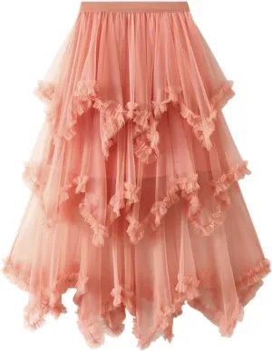Women's Tulle Skirt,Tutu Skirt,A-Line Mesh Midi Skirtasymmetrical Pleated Elastic High Waist Layered St.