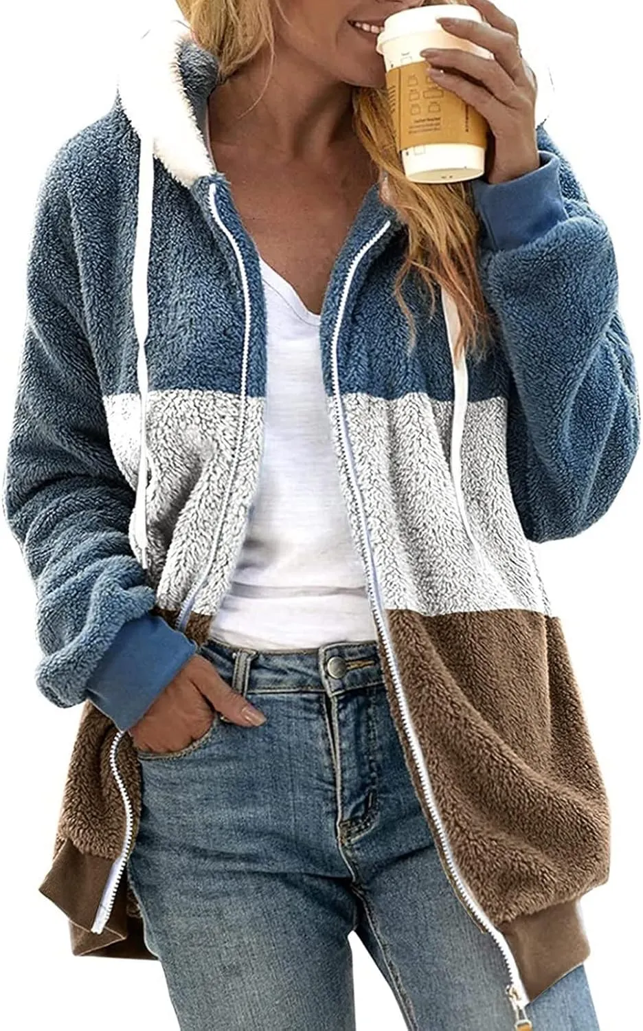 Womens Y2k Tops Zipper Long Sleeve Stitching Coats Color Block Fleece Plush Hooded Jacket Dressy Outerwear