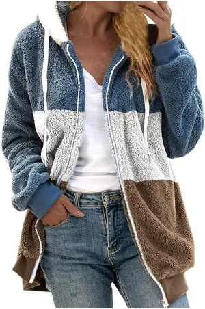 Womens Y2k Tops Zipper Long Sleeve Stitching Coats Color Block Fleece Plush Hooded Jacket Dressy Outerwear