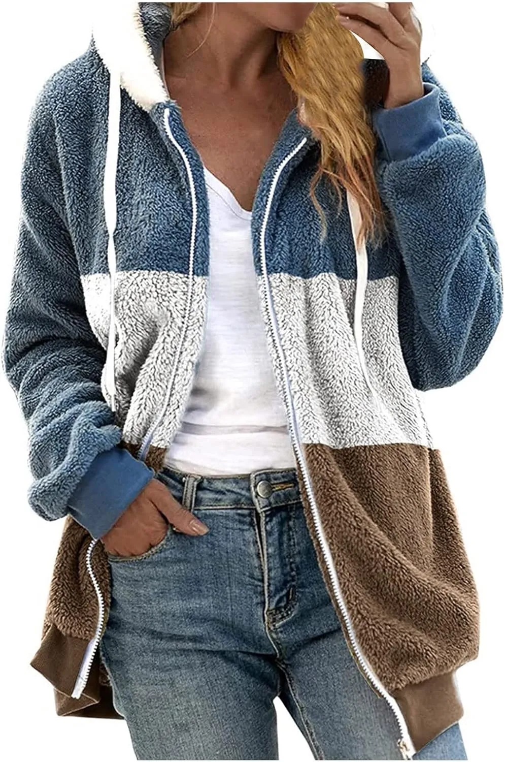 Womens Y2k Tops Zipper Long Sleeve Stitching Coats Color Block Fleece Plush Hooded Jacket Dressy Outerwear