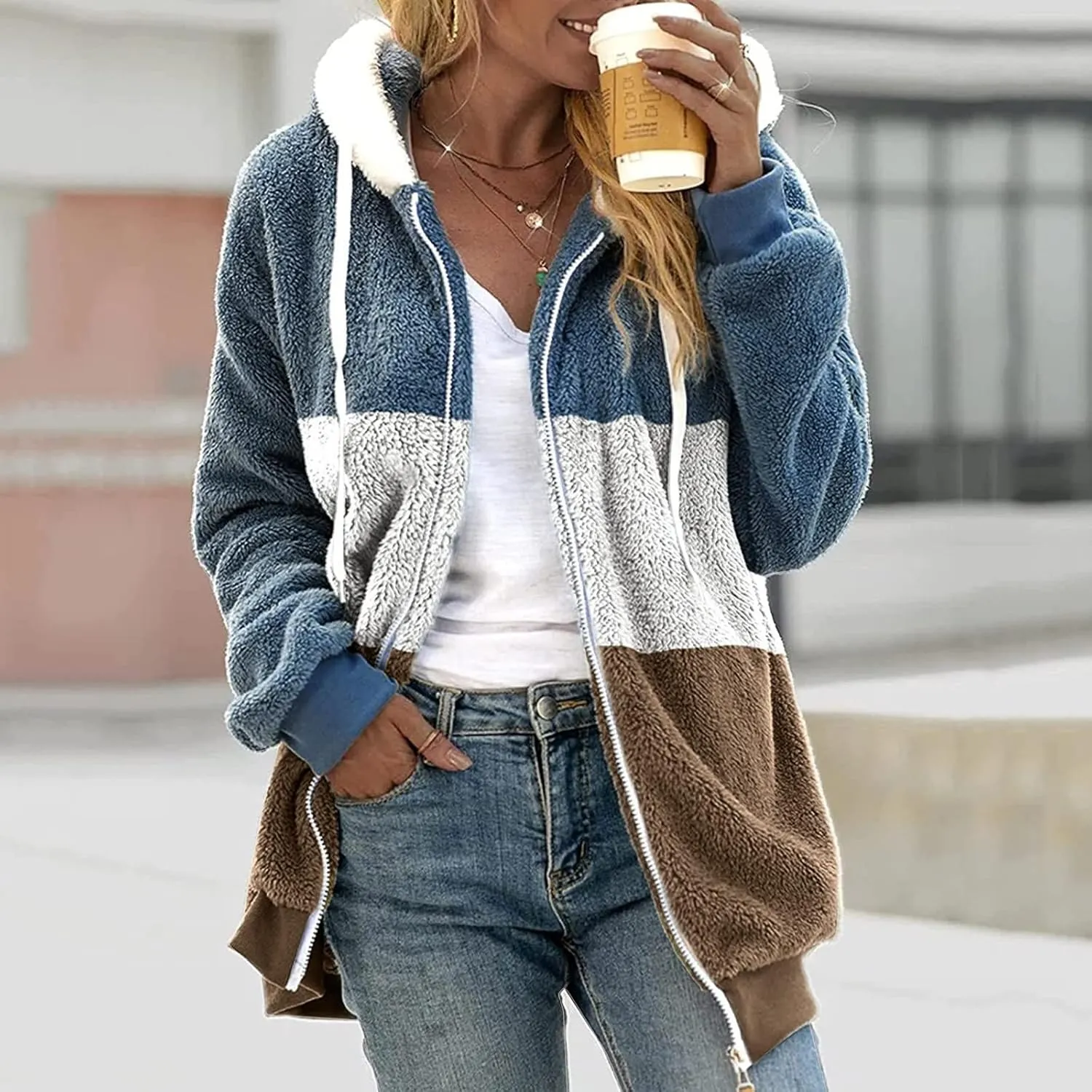 Womens Y2k Tops Zipper Long Sleeve Stitching Coats Color Block Fleece Plush Hooded Jacket Dressy Outerwear