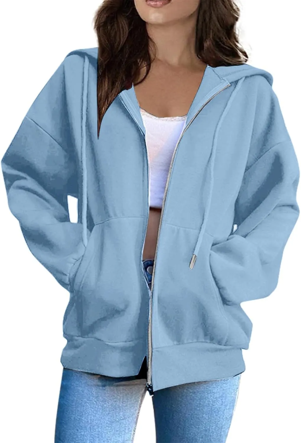 Women's Zip Up Hoodie Long Sleeve Oversized Sweatshirt Fall Lightweight Jacket Pockets Ladies Sweatshirts for Women