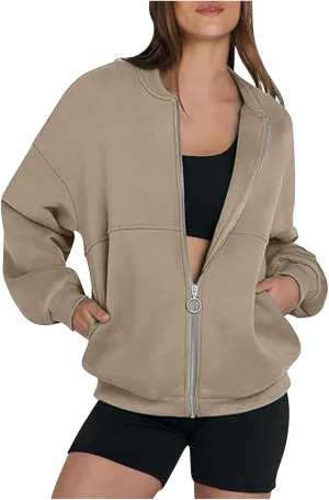 Women's Zip Up Sweatshirt Jackets No Hood Long Sleeve Sweatshirt Casual Loose Fit Outerwear with Pockets Fall Clothes