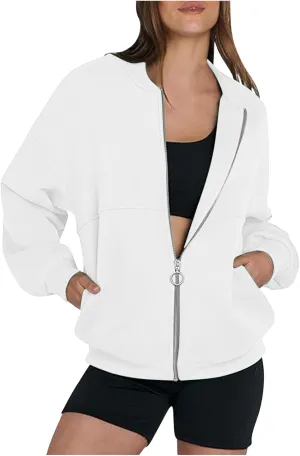 Women's Zip Up Sweatshirt Jackets No Hood Long Sleeve Sweatshirt Casual Loose Fit Outerwear with Pockets Fall Clothes