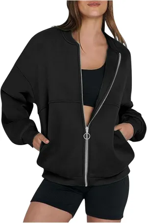 Women's Zip Up Sweatshirt Jackets No Hood Long Sleeve Sweatshirt Casual Loose Fit Outerwear with Pockets Fall Clothes