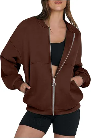 Women's Zip Up Sweatshirt Jackets No Hood Long Sleeve Sweatshirt Casual Loose Fit Outerwear with Pockets Fall Clothes