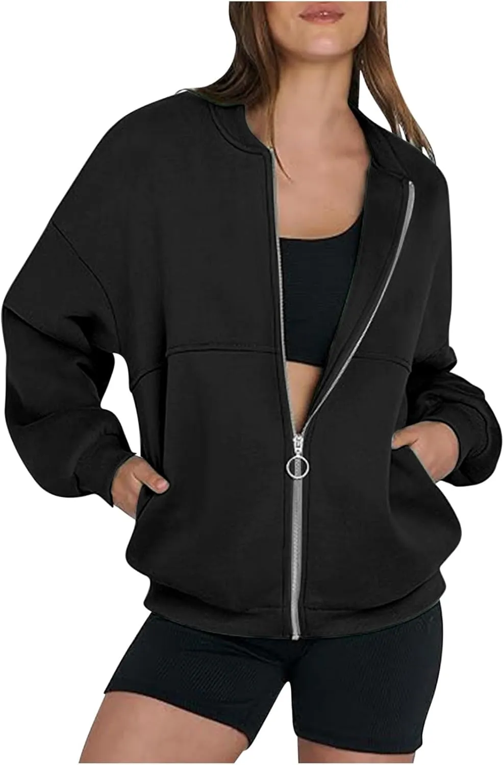 Women's Zip Up Sweatshirt Jackets No Hood Long Sleeve Sweatshirt Casual Loose Fit Outerwear with Pockets Fall Clothes
