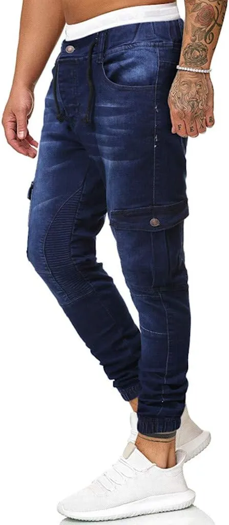 WUAI-Men Skinny Jeans Stretch Washed Slim Fit Stretch Biker Jeans Denim Pants with Big Pockets