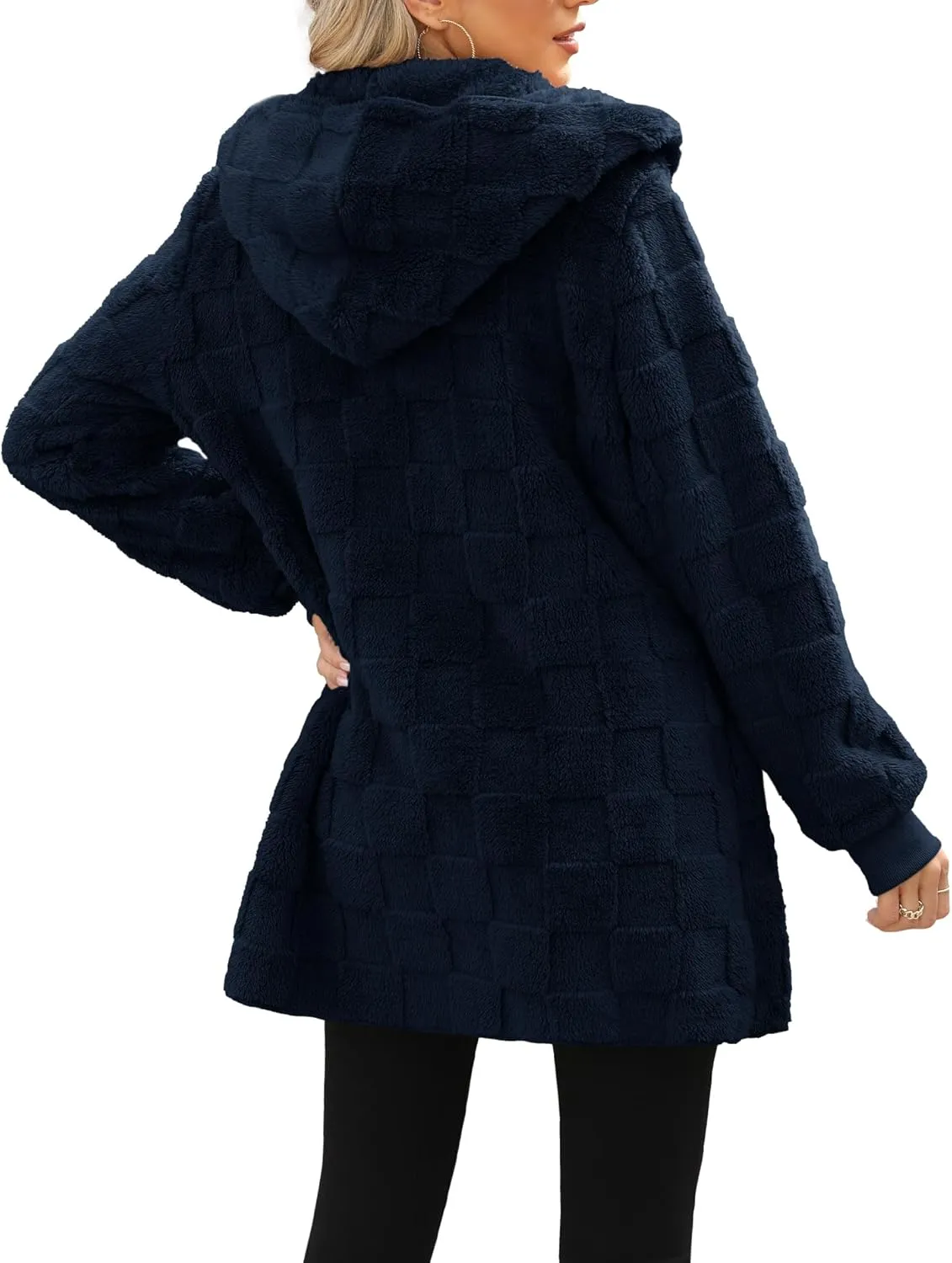 Yanekop Womens Fuzzy Fleece Jacket Open Front Hooded Cardigan Sherpa Outerwear Warm Coats with Pockets