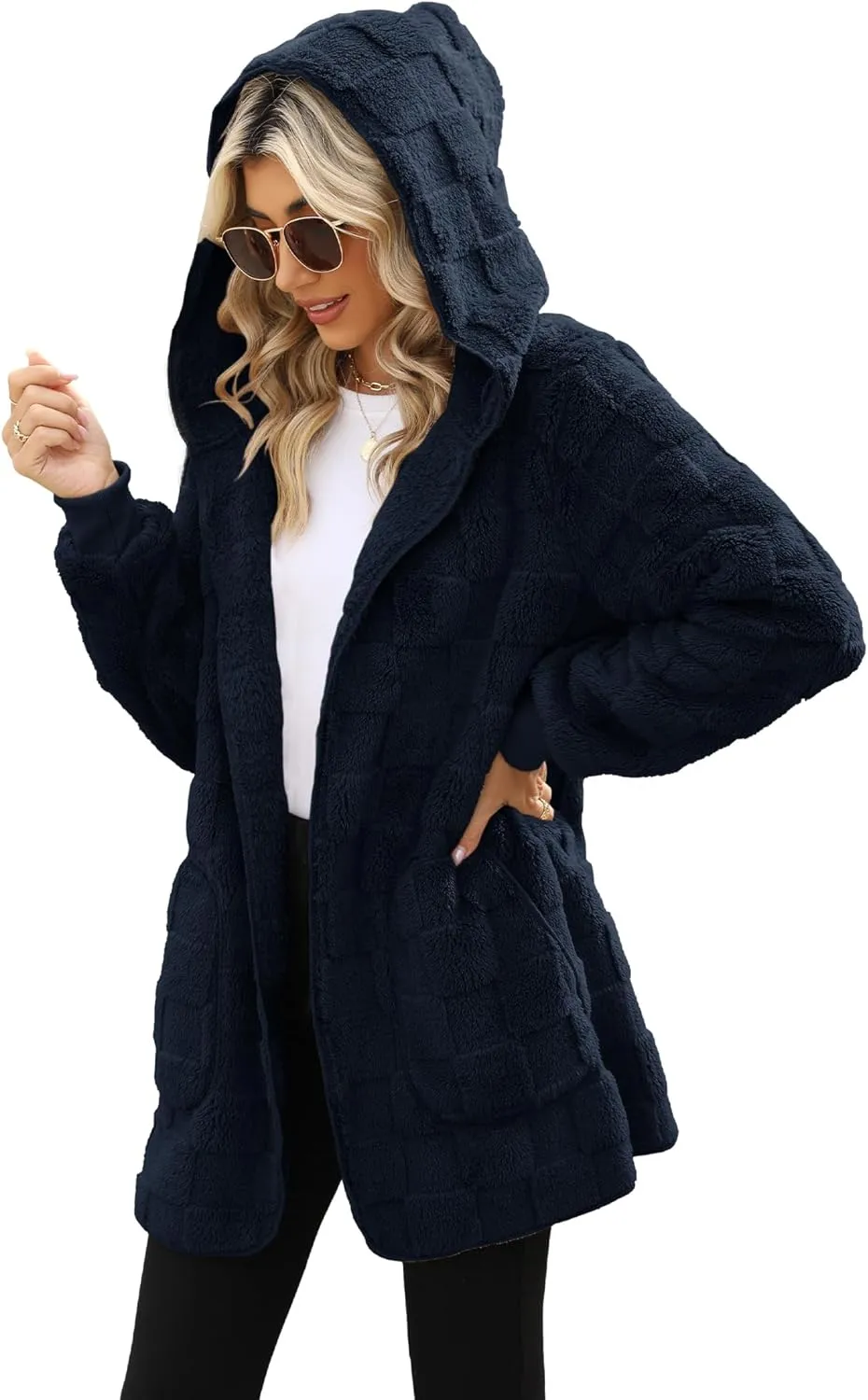 Yanekop Womens Fuzzy Fleece Jacket Open Front Hooded Cardigan Sherpa Outerwear Warm Coats with Pockets