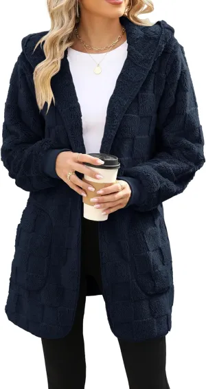 Yanekop Womens Fuzzy Fleece Jacket Open Front Hooded Cardigan Sherpa Outerwear Warm Coats with Pockets