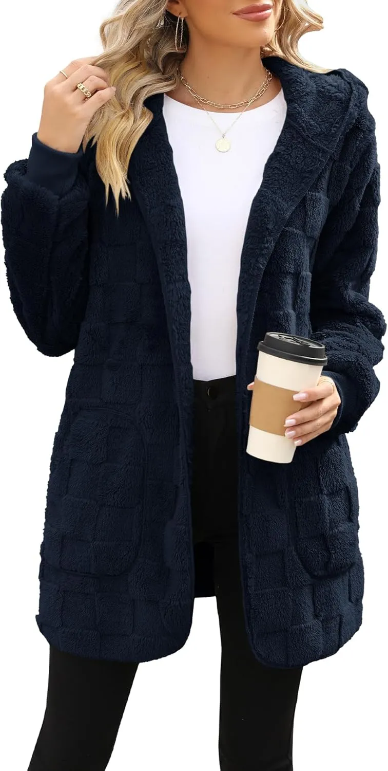 Yanekop Womens Fuzzy Fleece Jacket Open Front Hooded Cardigan Sherpa Outerwear Warm Coats with Pockets