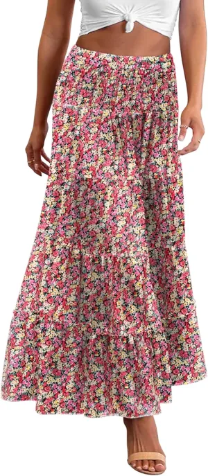 Zeagoo Women's Long Maxi Skirts Tiered Elastic High Waist Boho Double Layered Print A-Line Casual Midi Dress