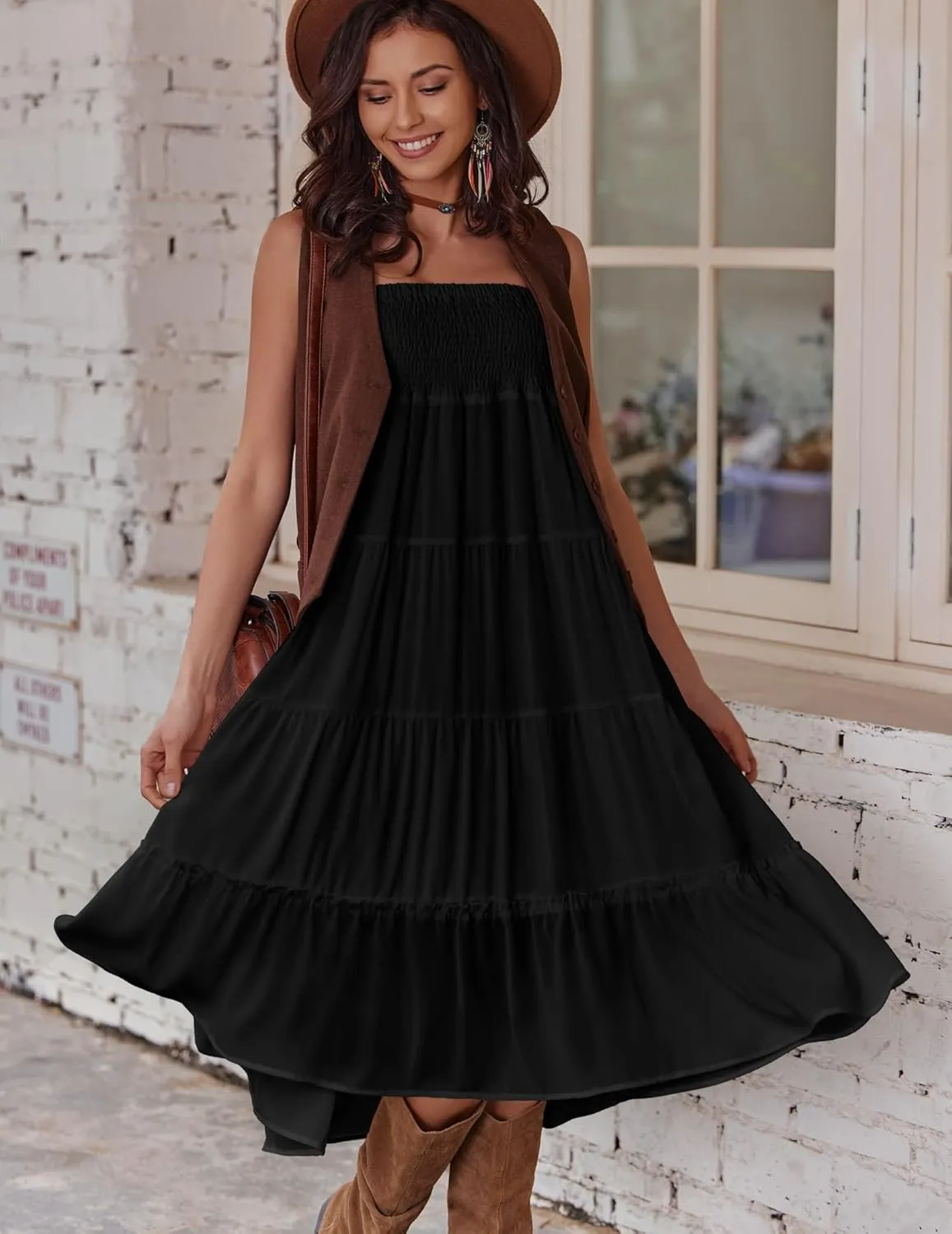 Zeagoo Women's Long Maxi Skirts Tiered Elastic High Waist Boho Double Layered Print A-Line Casual Midi Dress